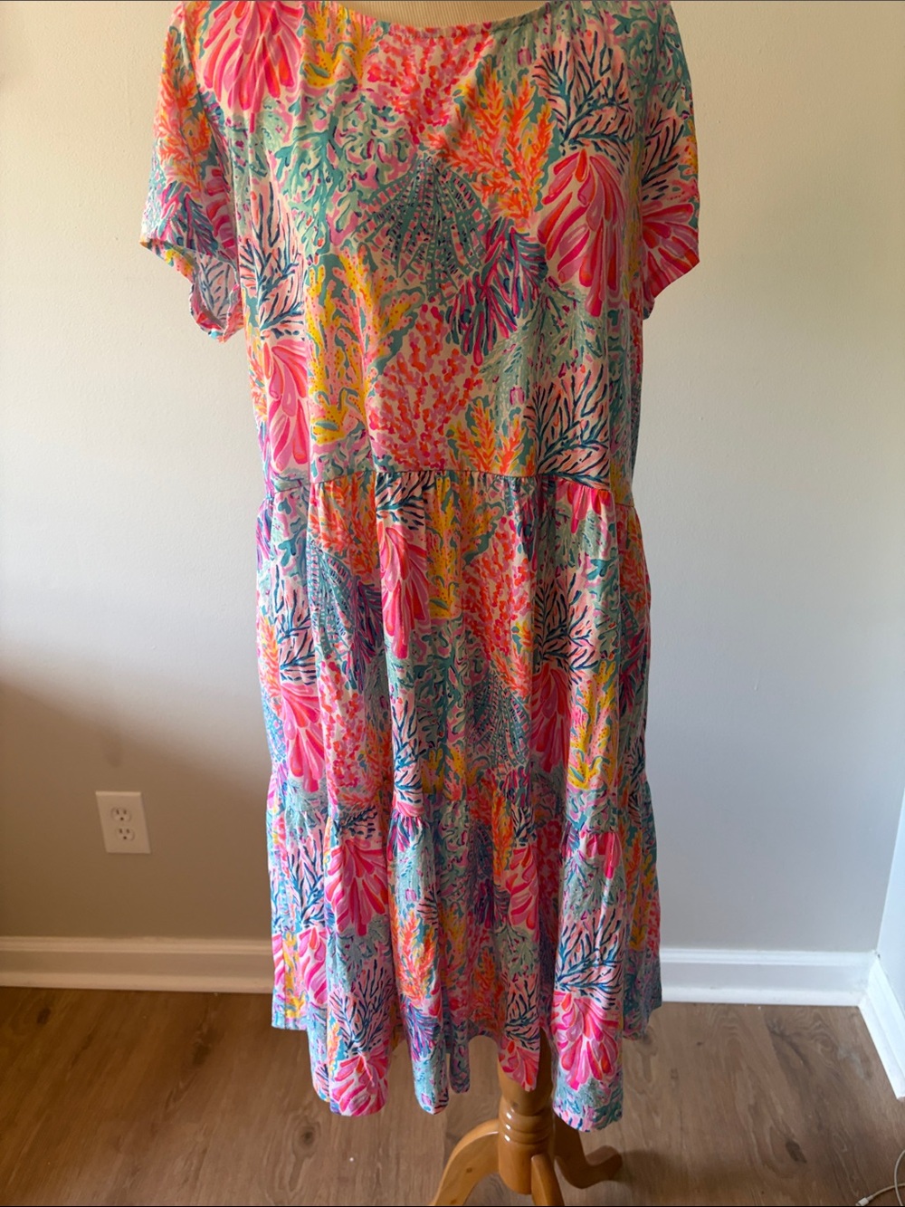 Lilly Pulitzer Coral Pink Teal Floral Tiered Mini Dress